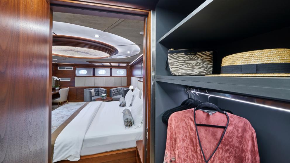 The master stateroom also offers a walk-in wardrobe for added comfort.